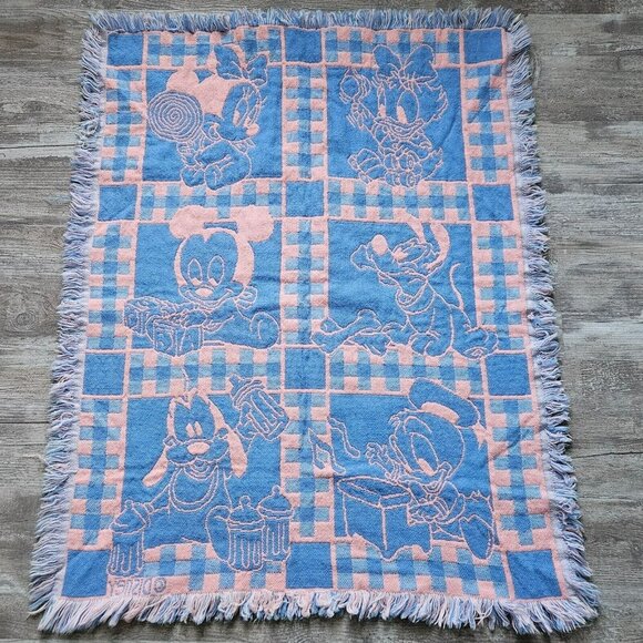 Disney Woven Knit Baby Blanket Mickey Mouse Minnie Donald Duck Pluto Vintage - Picture 8 of 14